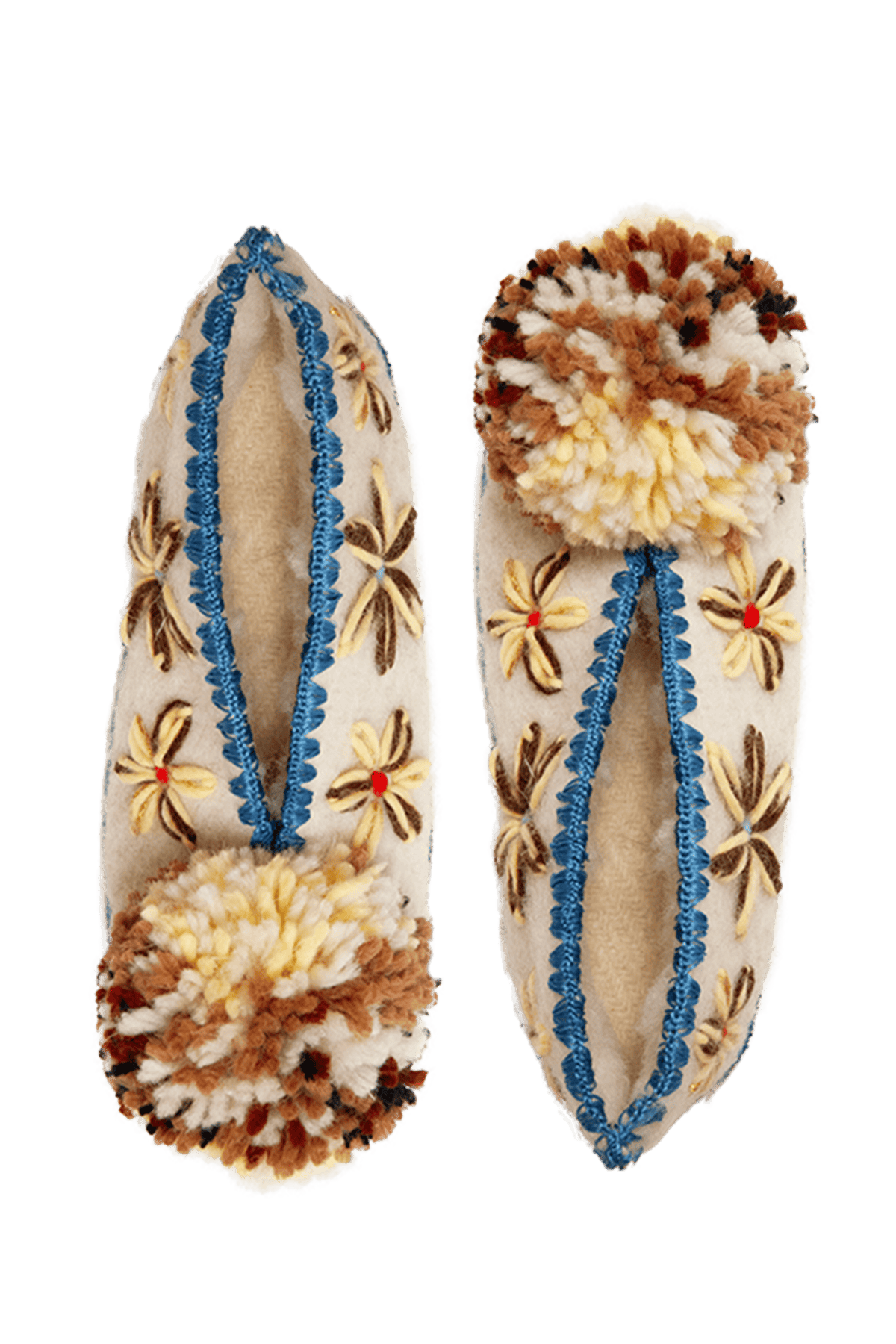 Pantoufles blanches en laine à fleurs avec pompon