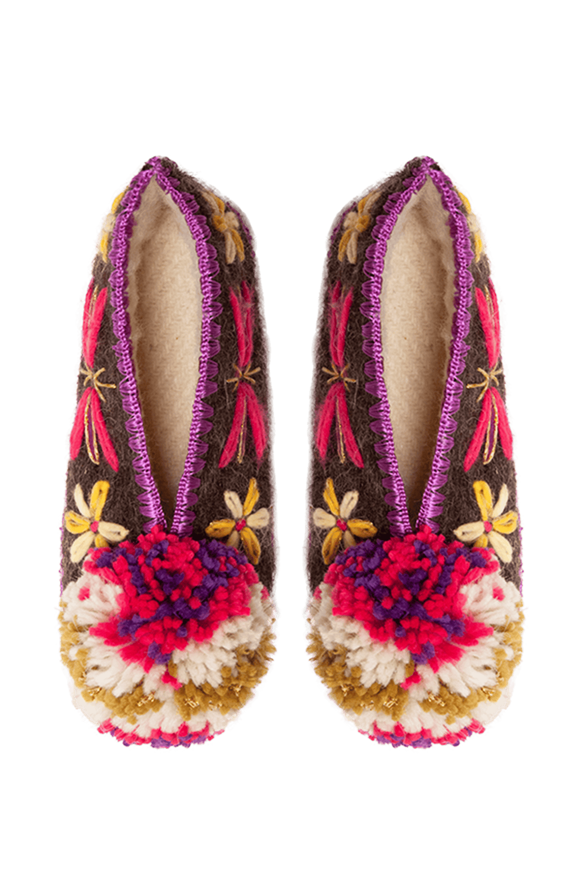 Pantoufles en laine marron papillon avec pompon