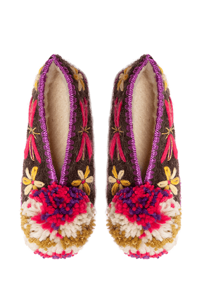 Pantoufles en laine marron papillon avec pompon BUTTERFLY BROWN