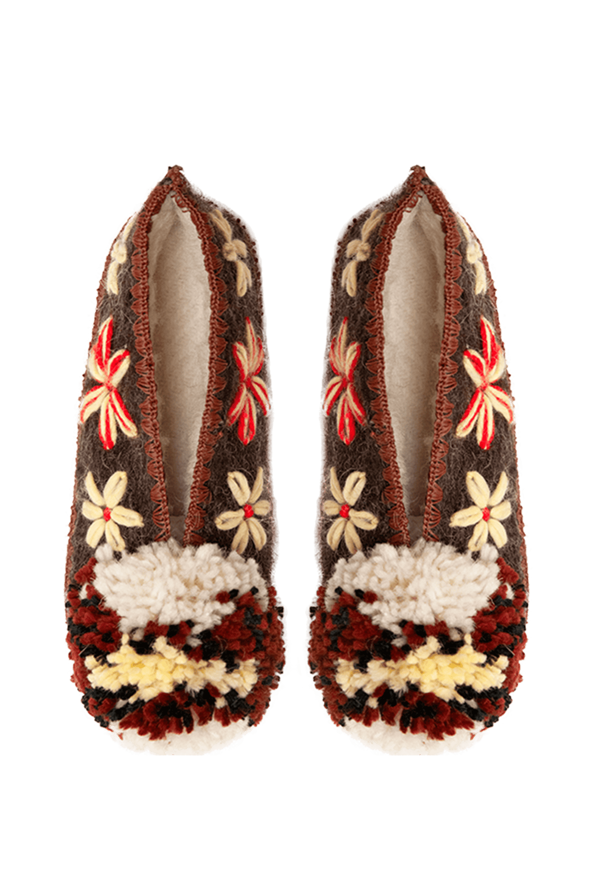 Pantuflas de lana marrón con flores y pompón FLOWERS BROWN