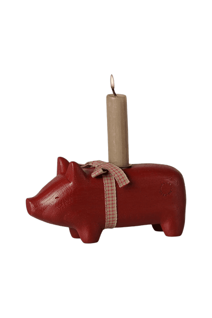Drewniany świecznik Świnka Medium RED