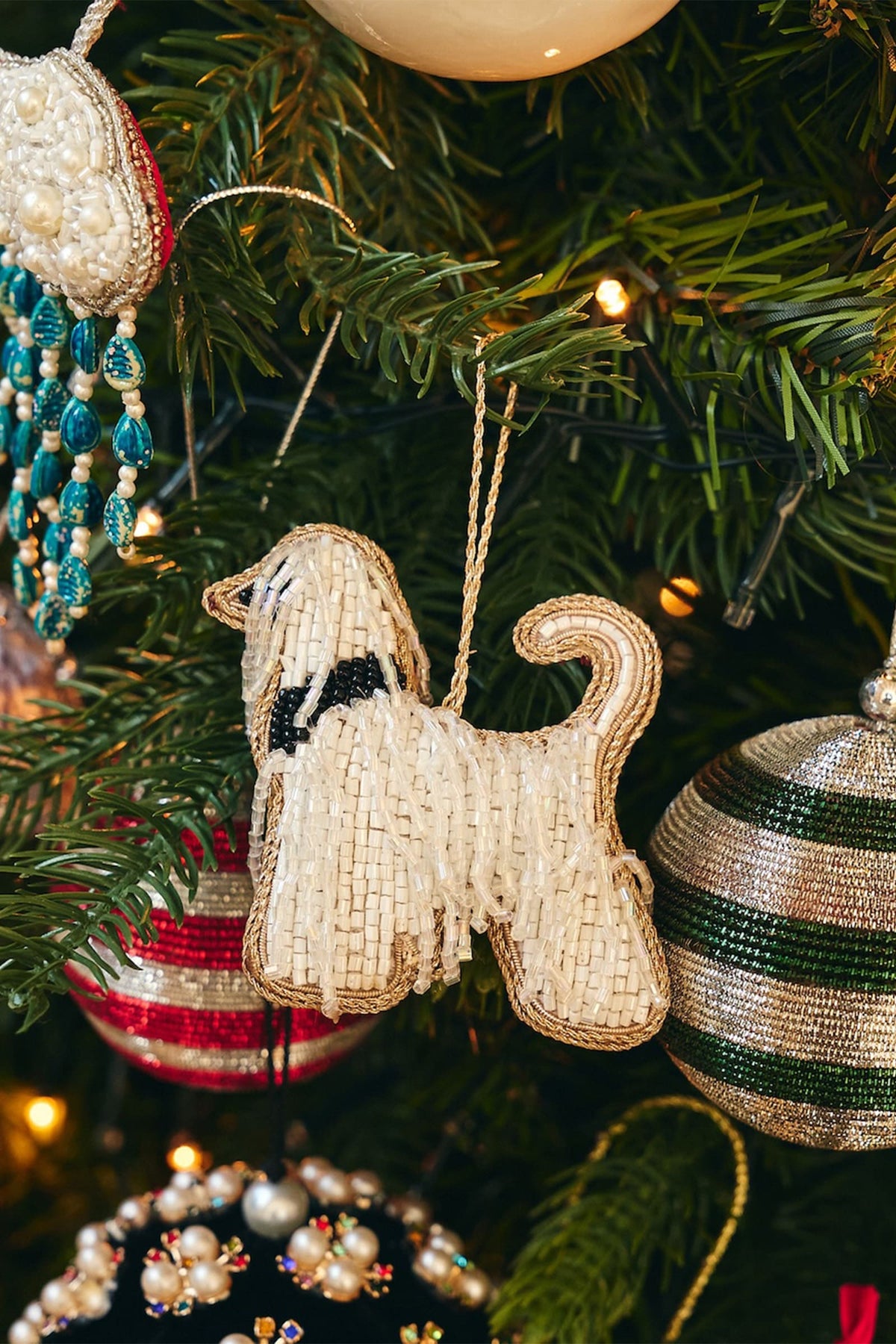 Christmas Tree Ornament Beaded Fancy Dog