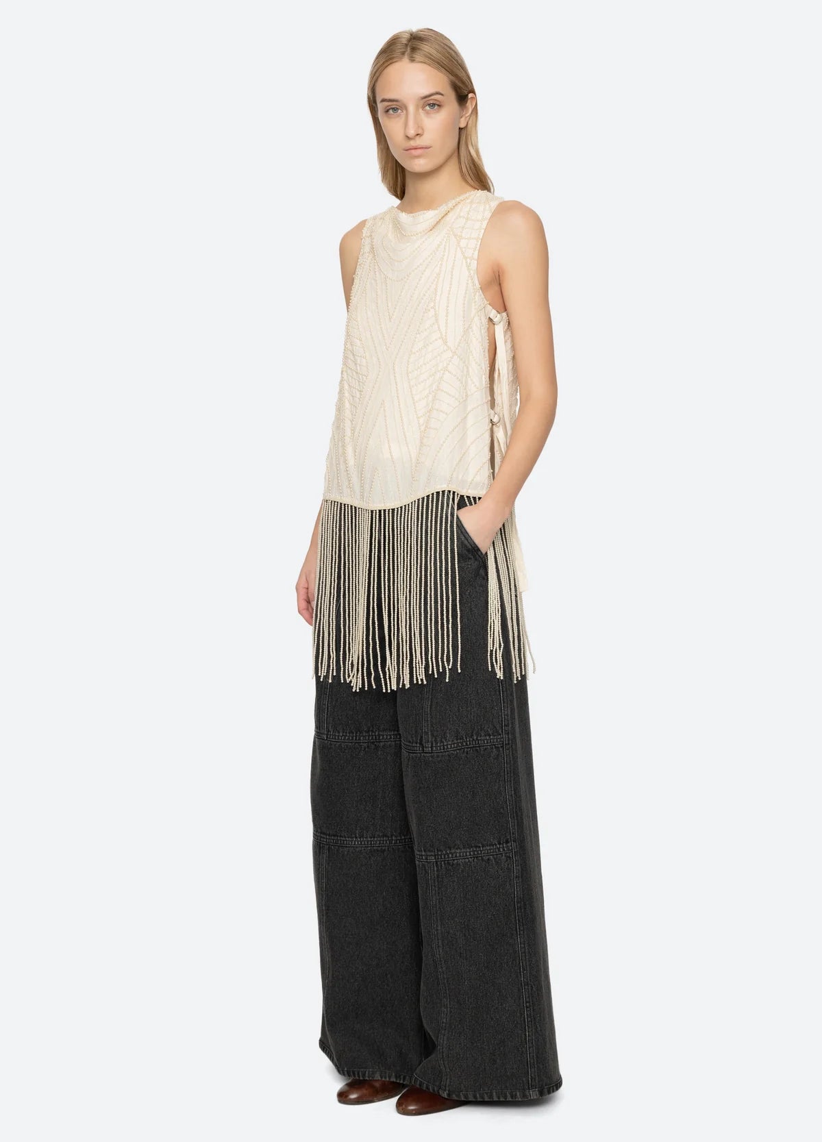 Carlotta Embroidered Sleeveless Fringe Top CREAM