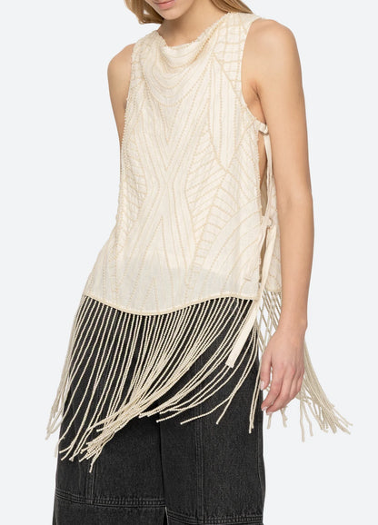 Carlotta Embroidered Sleeveless Fringe Top CREAM