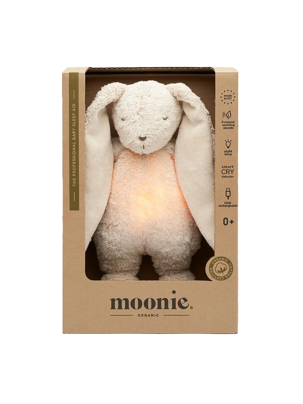 Szumiący króliczek organic z lampką nocną Moonie BEBE Concept 