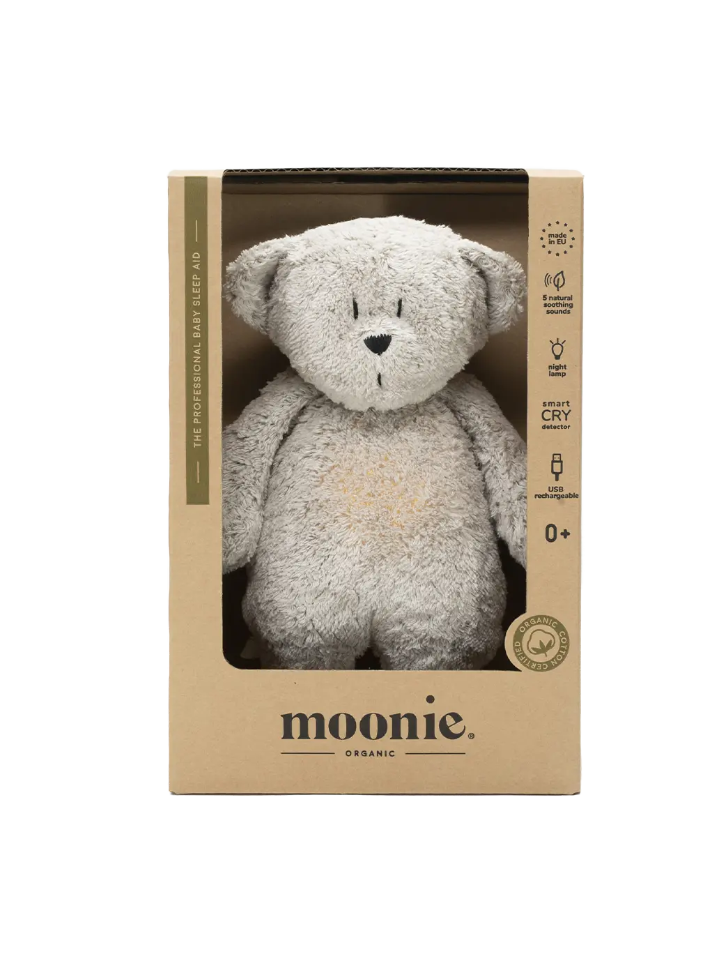 szumiący miś organic z lampką nocną Moonie BEBE Concept 