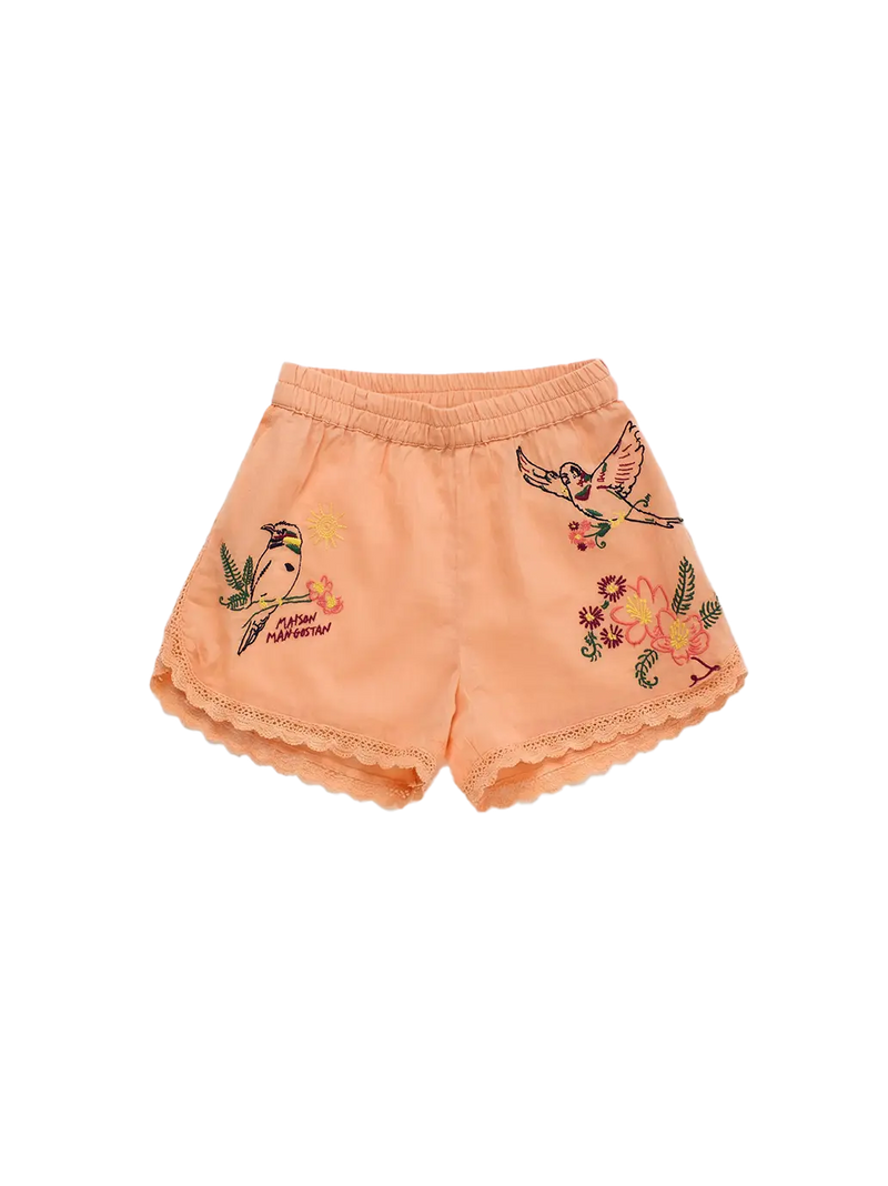 Birds Embroidered Shorts Orange Maison Mangostan BEBE Concept 