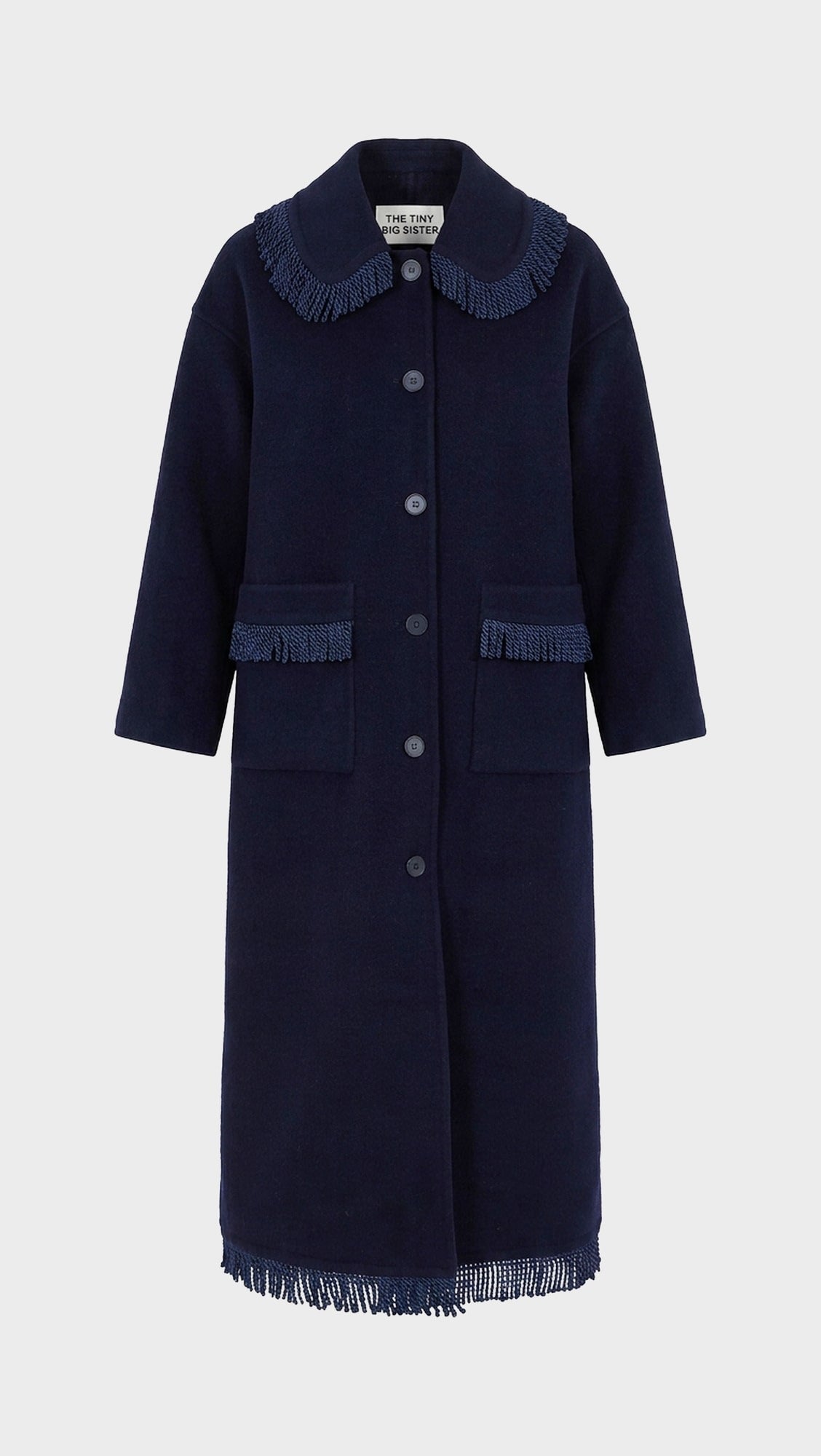 Woman Frills Long Coat z granatowymi frędzlami NAVY