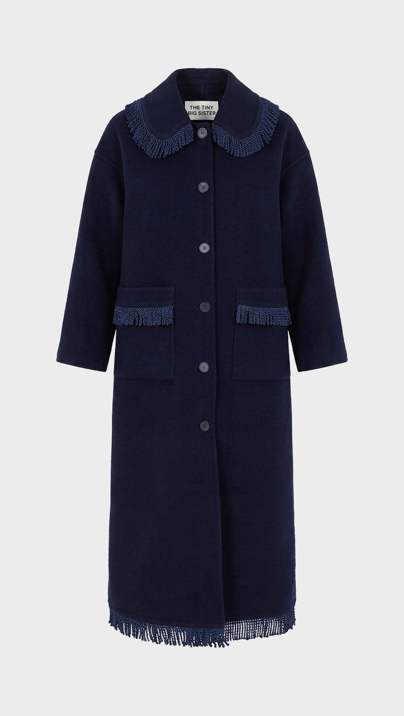 Woman Frills Long Coat z granatowymi frędzlami